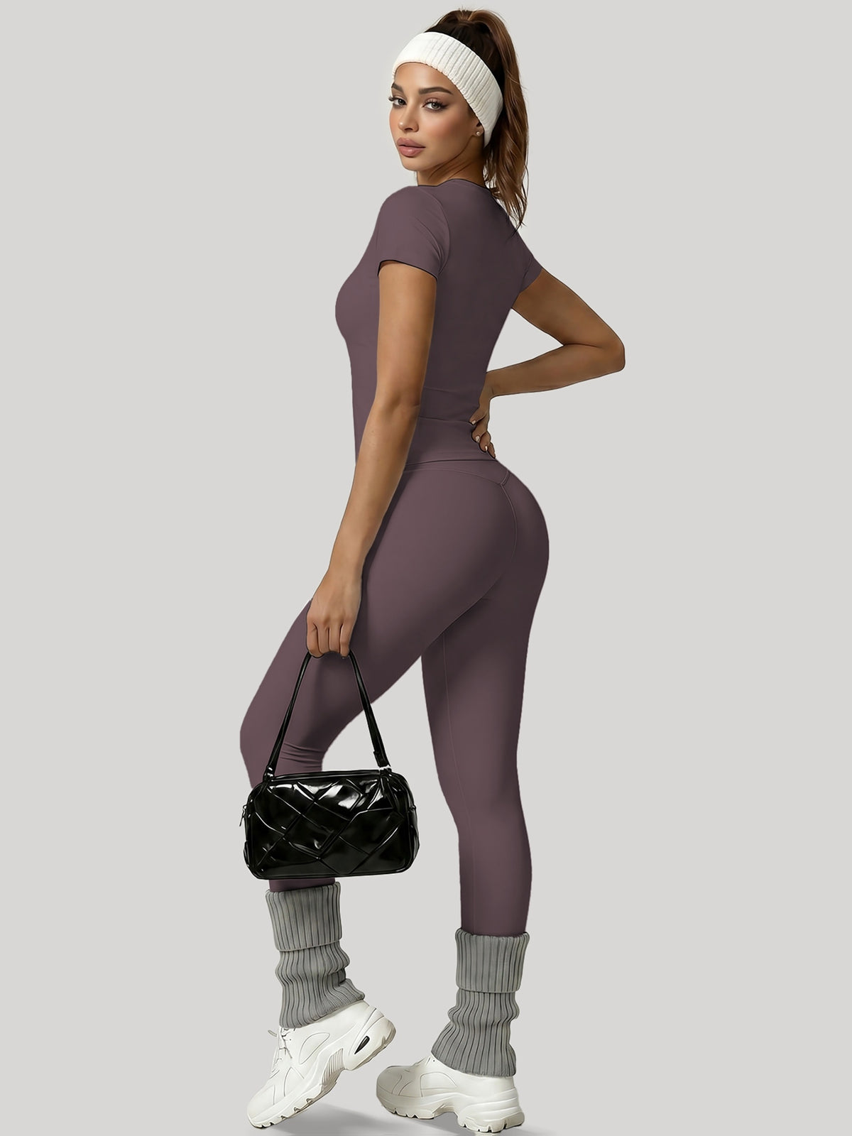 Round Neck Top & Tummy Tuck Leggings Set - Eggplant Purple