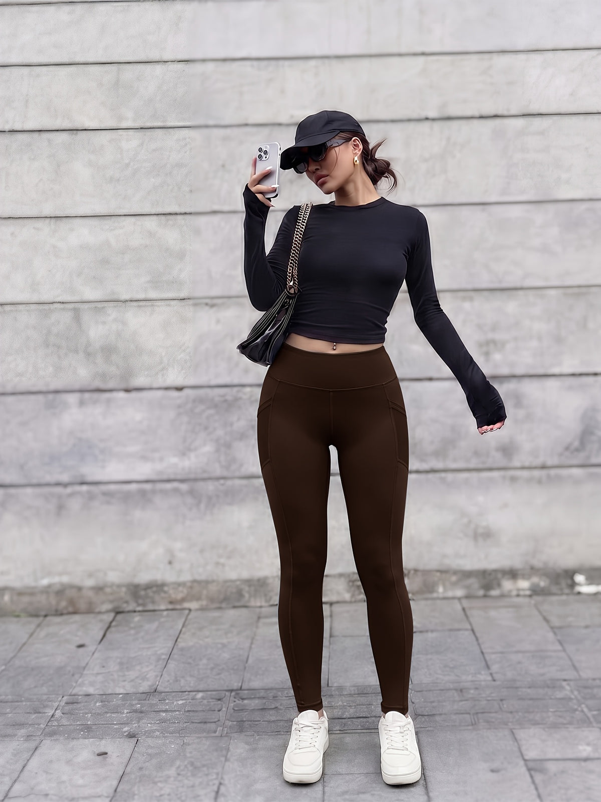 Side Pocket Shaping High Waist Leggings - Coffee