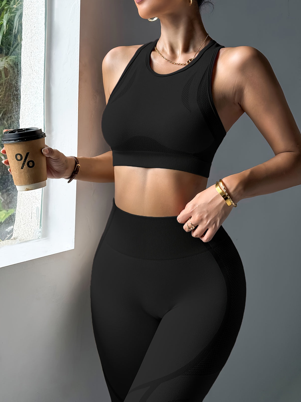 Cropped Tank & Leggings Set - Black