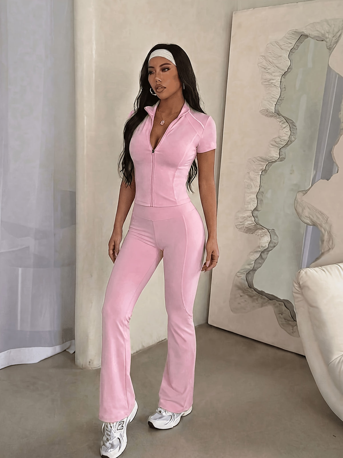 Short Sleeve Zip Top & Flare Pants Set - Pink Red