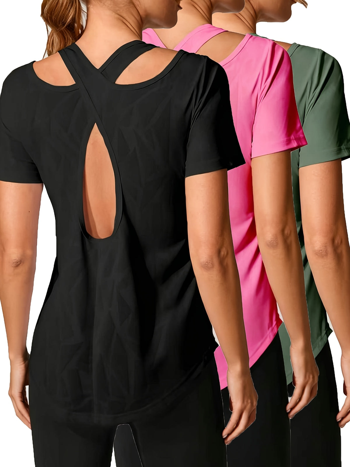 3 Pack Cross Back Cutout Sport Tees - Black, Green & Rose Red