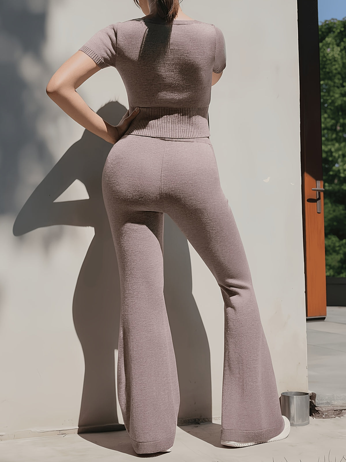 Seamless Square Neck Tee & Wide Leg Set - Rose Brown