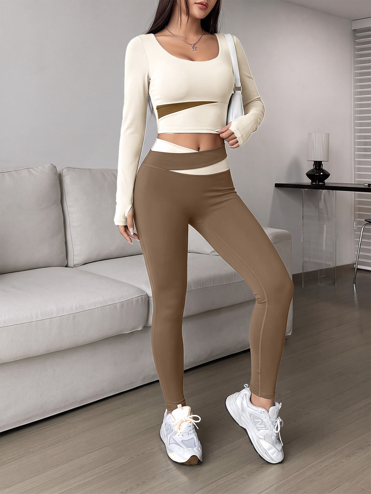 Spliced Finger Tab Crop Top & Pants Set - Ivory White & Cocoa