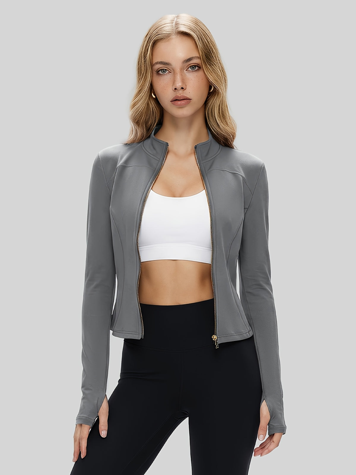 Cropped Thumbhole Zip Jacket - Grey