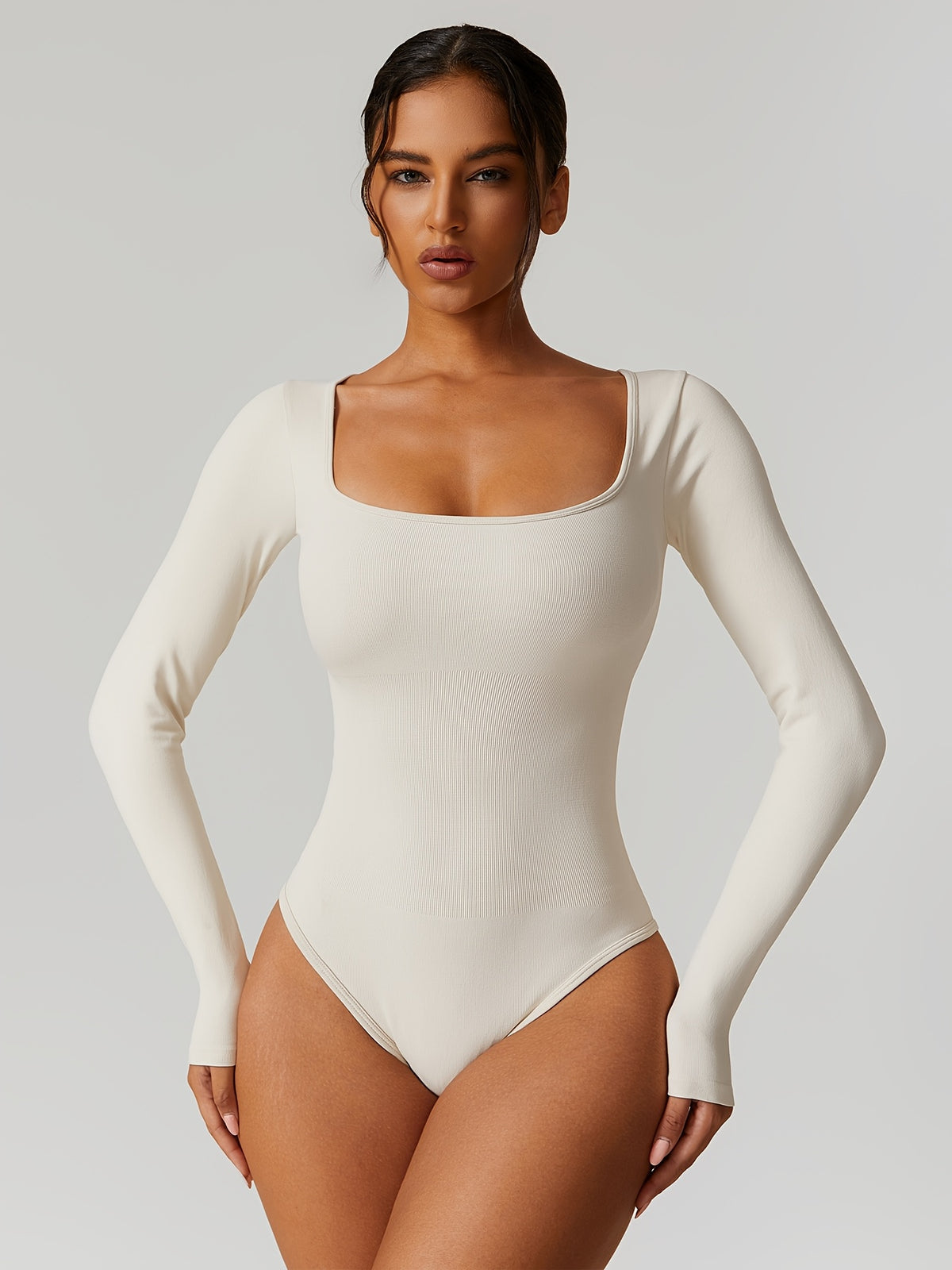 Square Neck Long Sleeve Thong Bodysuit - Beige