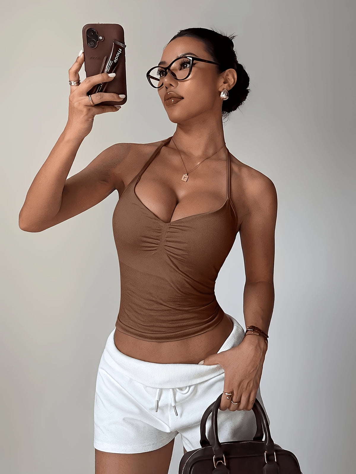 Halter Twist Crop Top - Mocha Brown