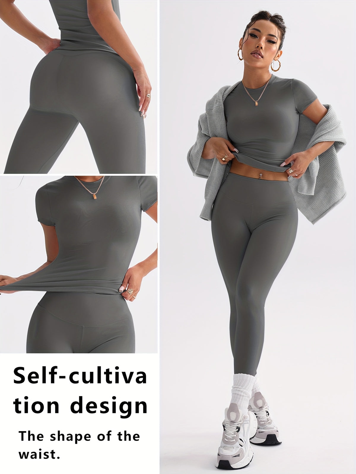 Cropped Tee & Leggings Set - Dark Grey