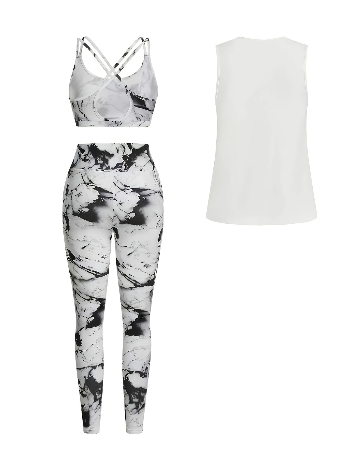 Letter Print Tank, Bra & Shorts 3 Piece Set - White & Grey