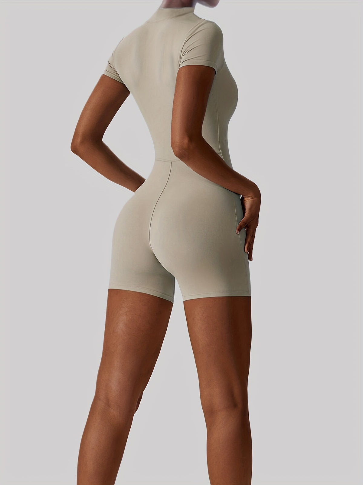 Short Sleeve Zip Front Shorts Bodysuit - Light Grey
