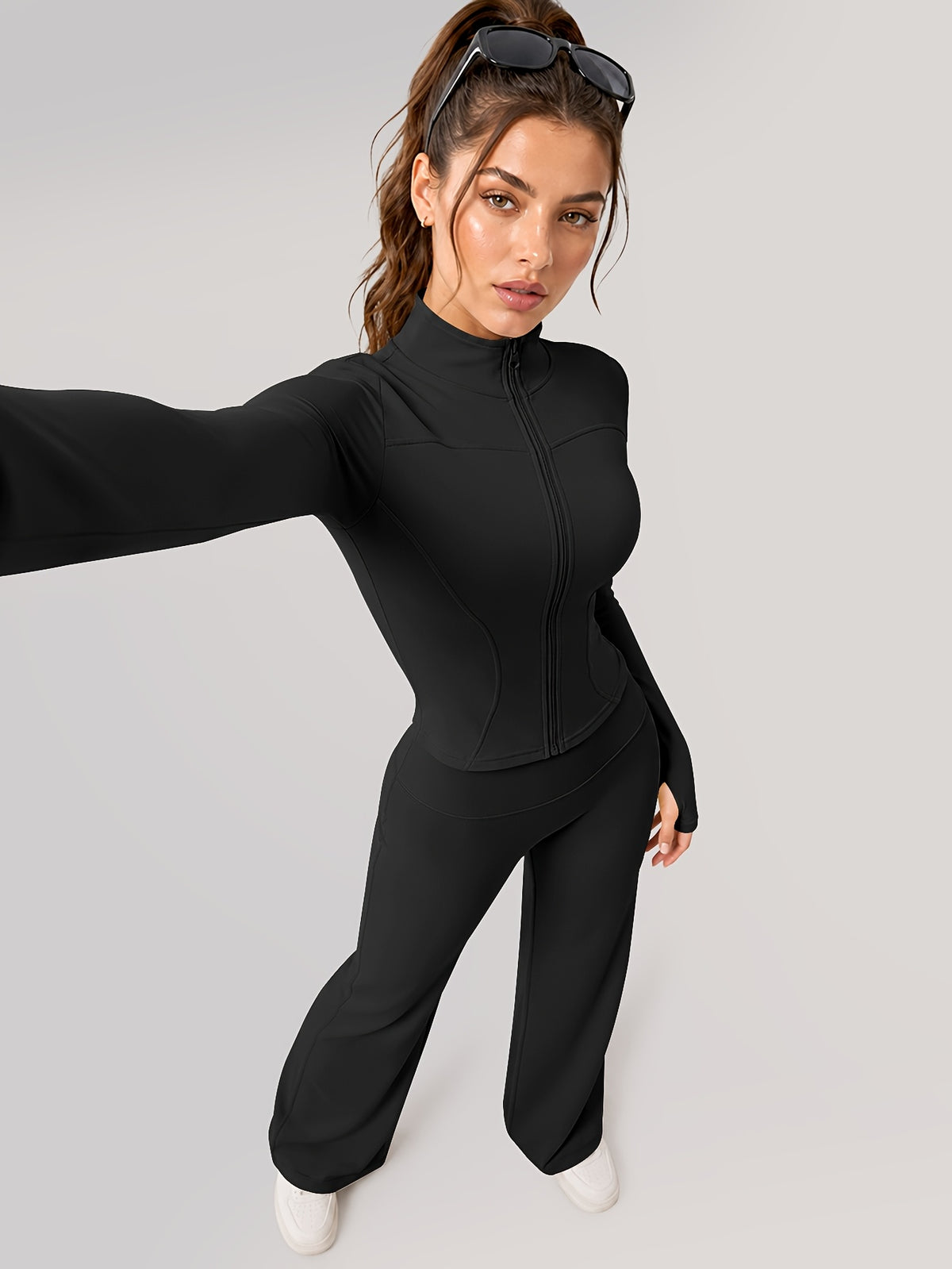 Zip Jacket & Wide Leg Pants Set - Black