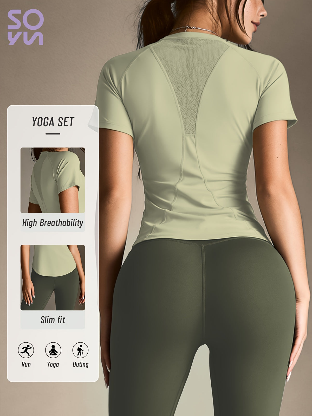 Mesh Cutout Tee & High Waist Leggings Set - Light Green & Olive Green