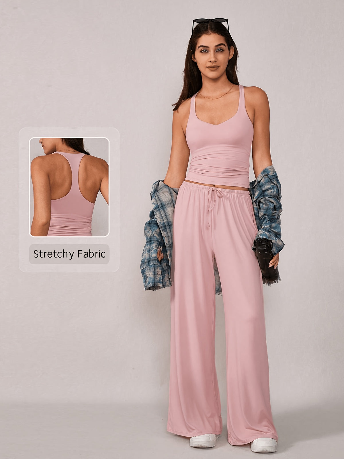 Racerback Tank & Wide Leg Pants Set - Light Pink