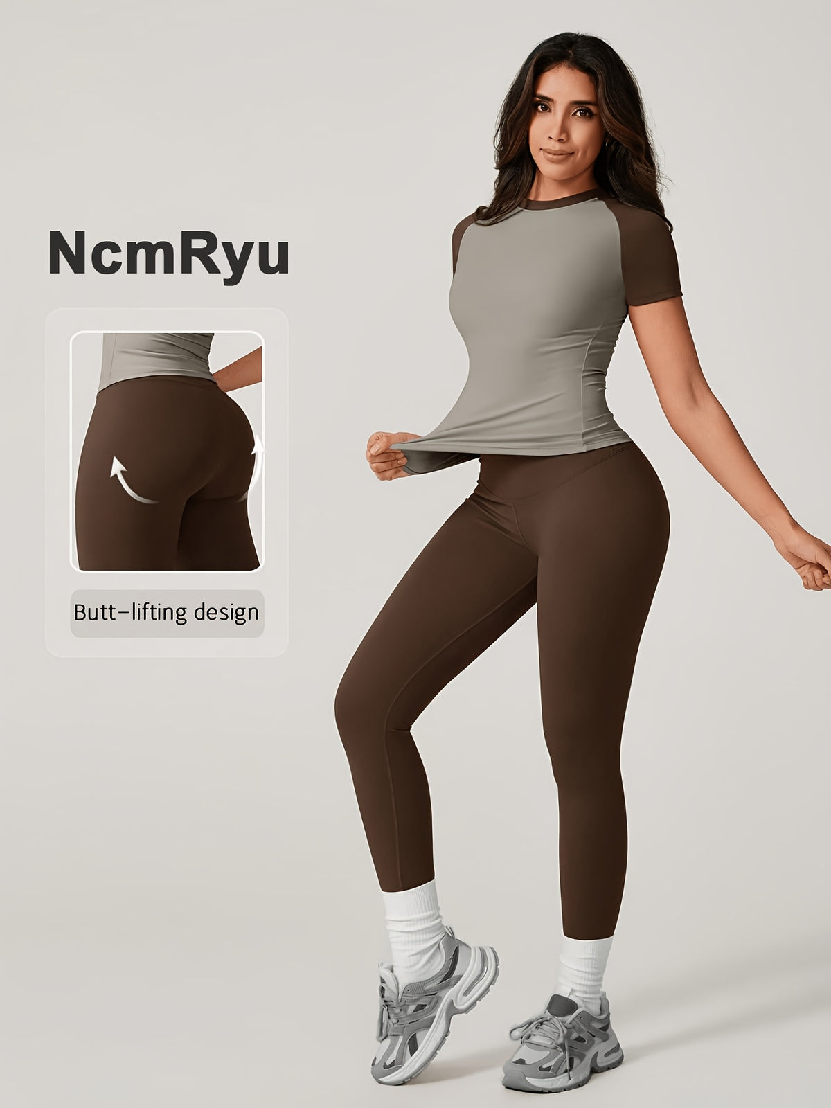 Colour Block Tee & Leggings Set - Coffee & Grey
