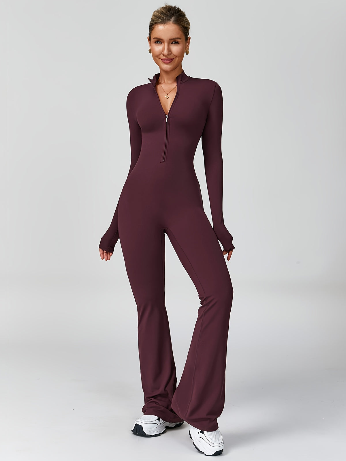 Long Sleeve Zip Flare Jumpsuit - Burgundy