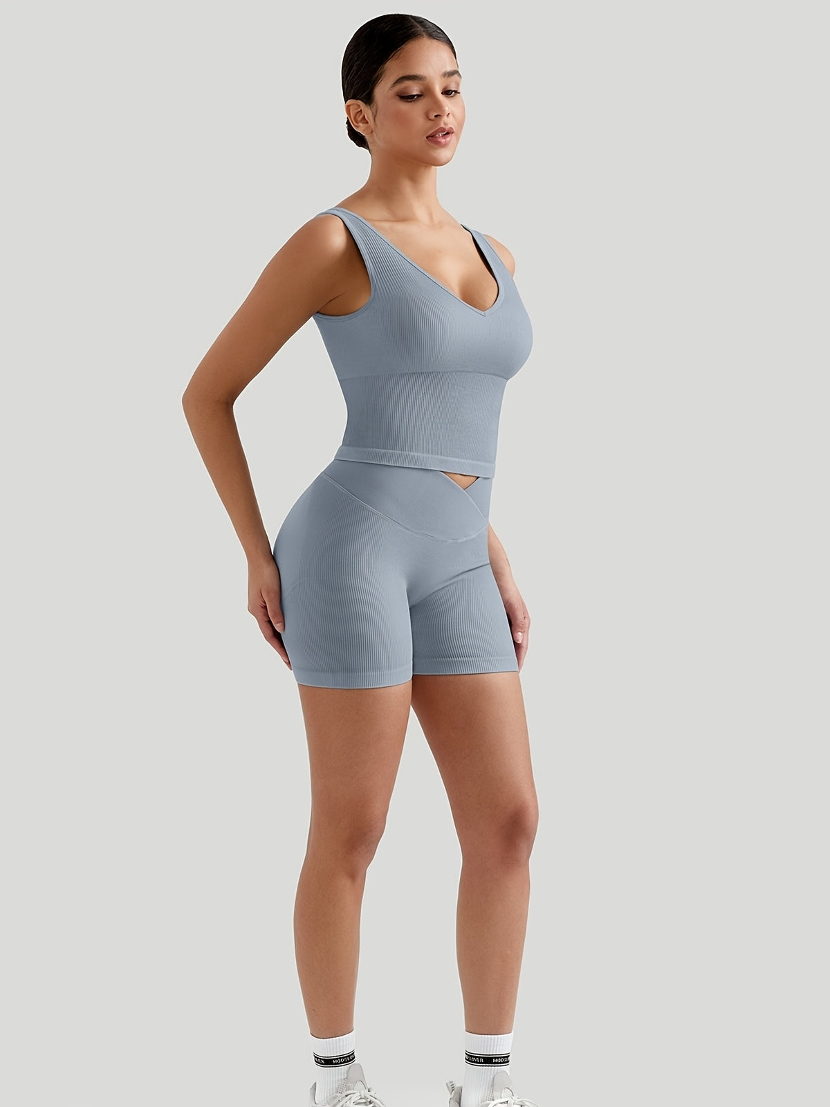 V-Neck Tank & V-Waist Shorts Set - Light Blue