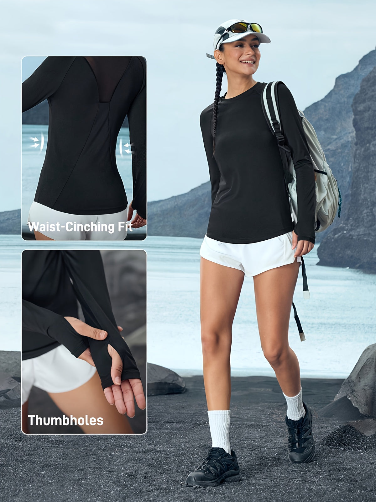 Mesh Panel Thumbhole Long Sleeve Tee - Black