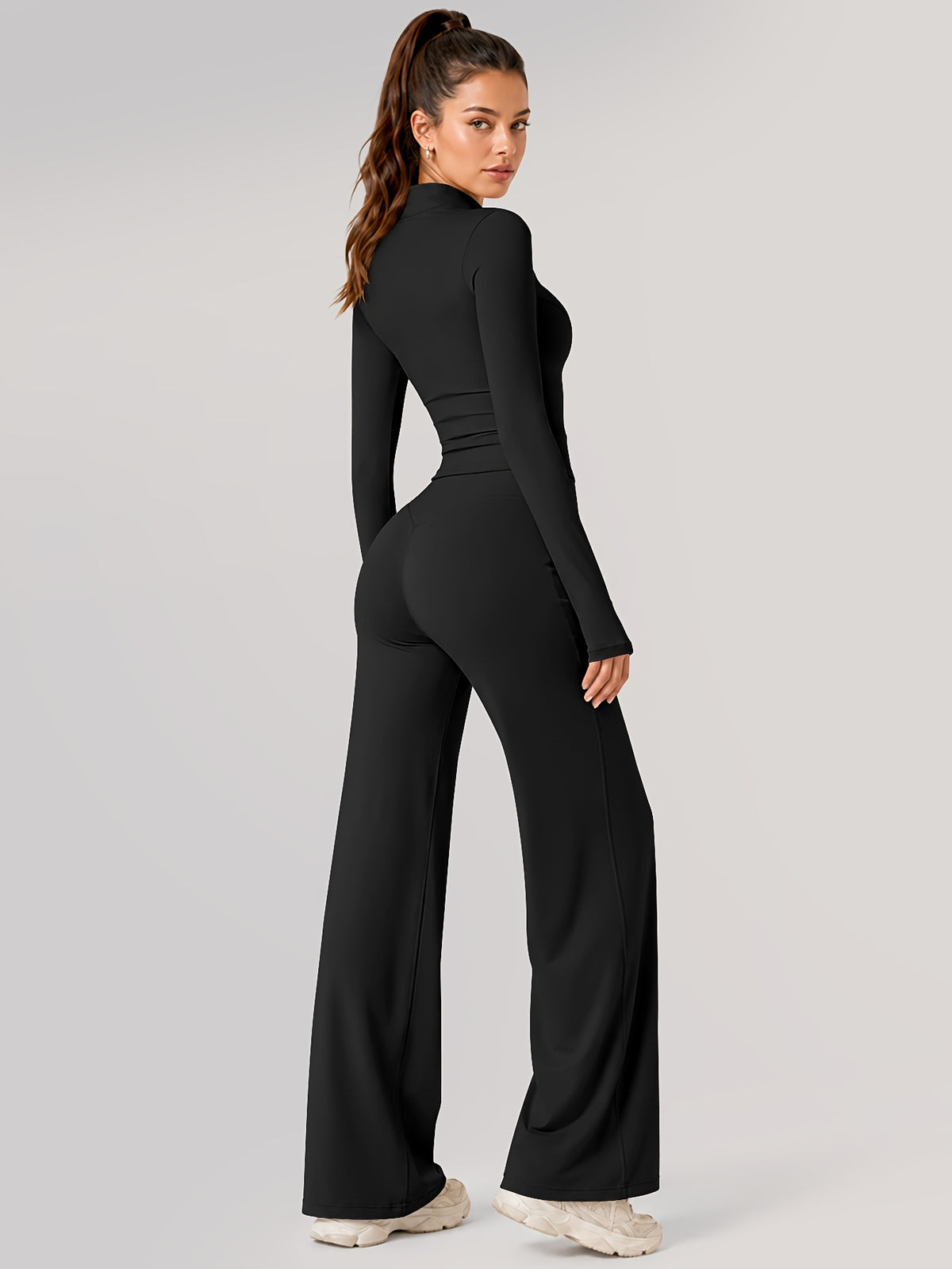 Zip Jacket & Wide Leg Pants Set - Black