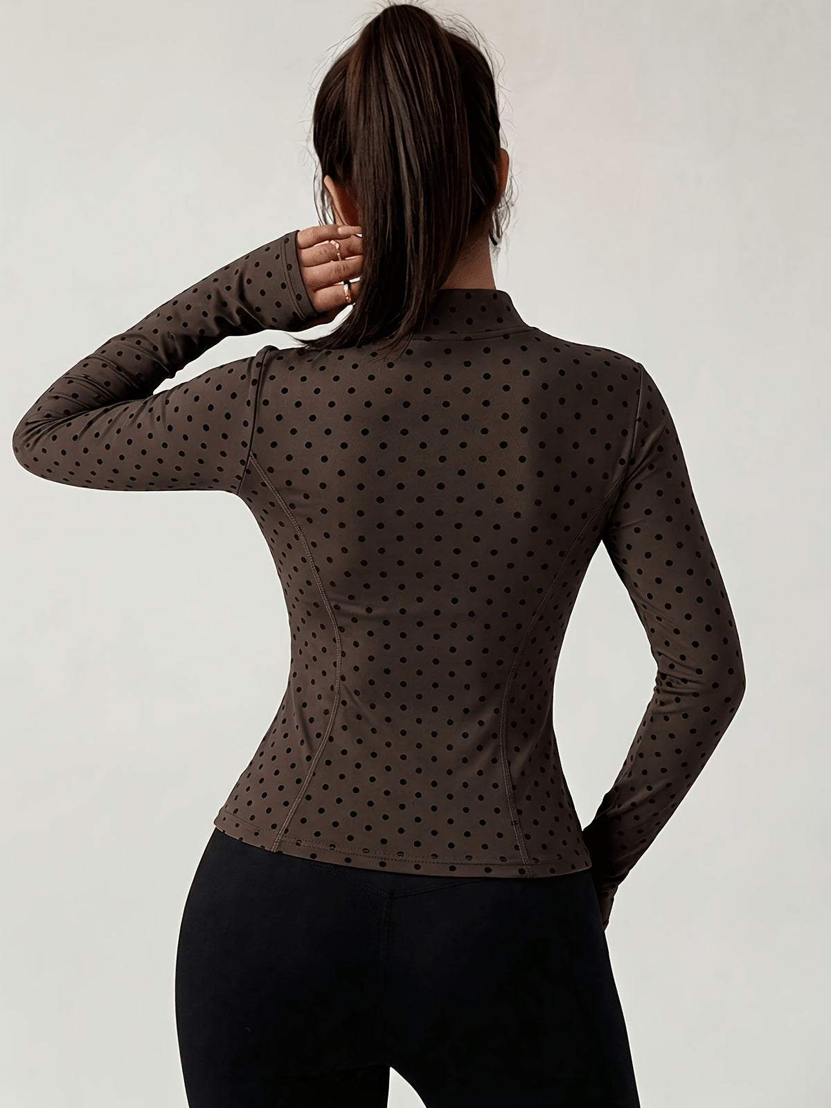 Polka Dot Thumbhole Zip Jacket - Polka Dot Brown