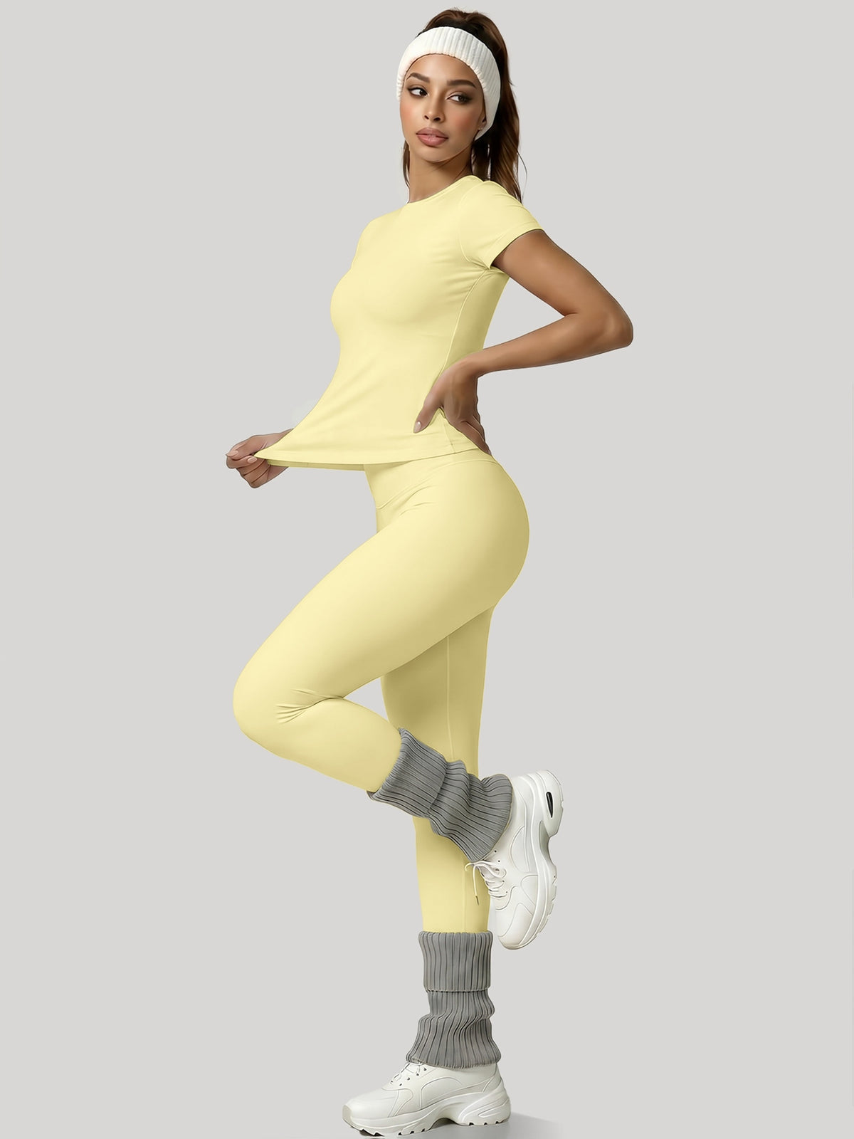 Round Neck Top & Tummy Tuck Leggings Set - Yellow