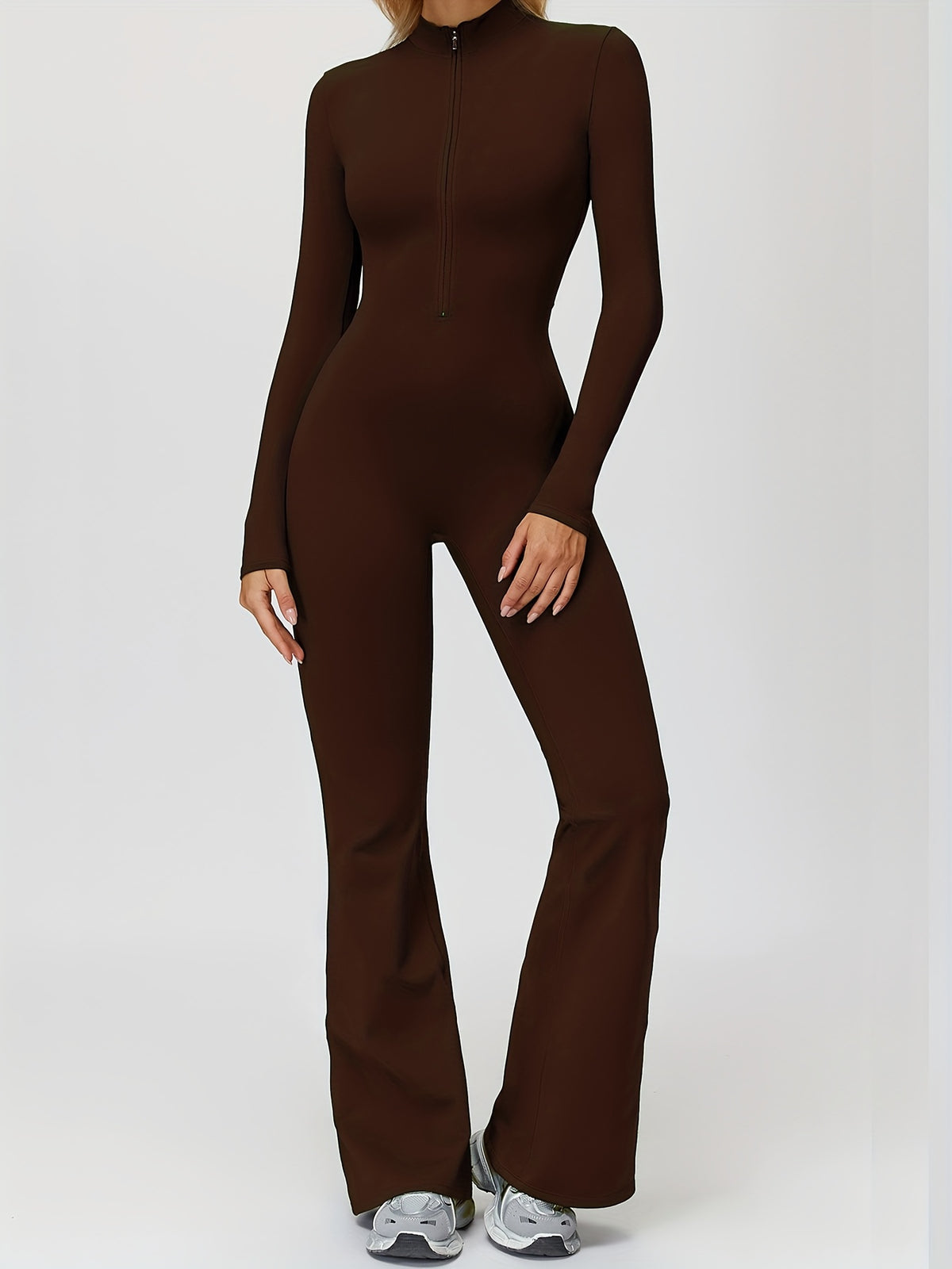 Long Sleeve Zip Flared Jumpsuit - Coffee