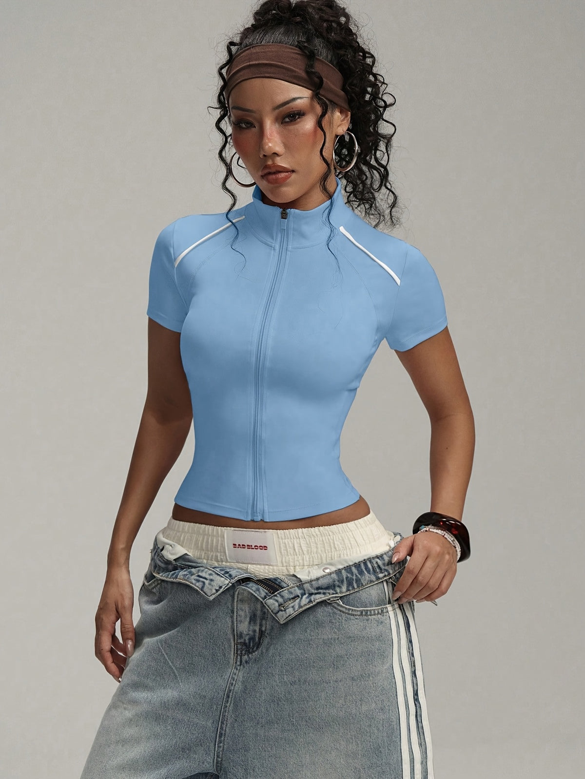 Short Sleeve Zip Top - Sky Blue