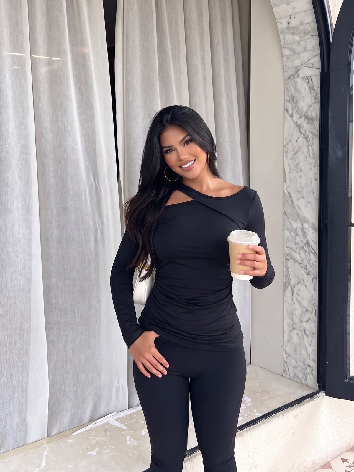 Asymmetric Off Shoulder Ruched Top - Black