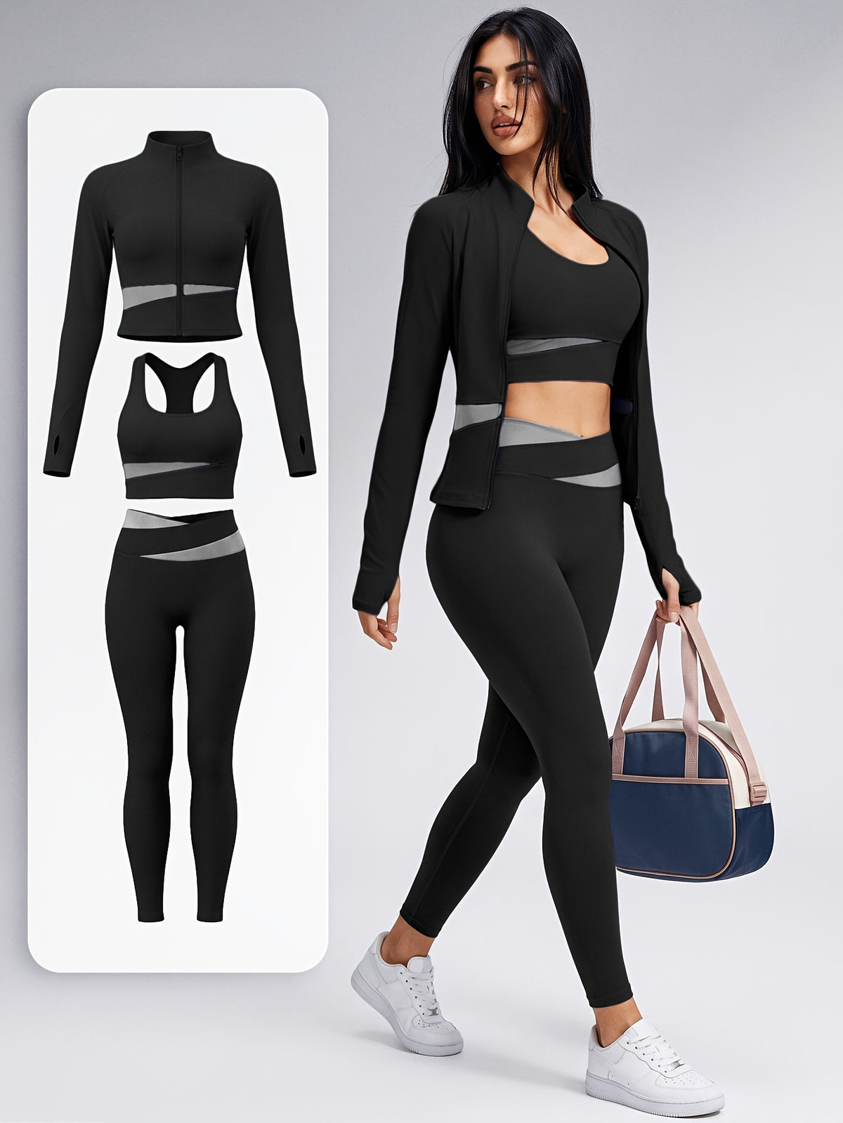 Colour Block Thumbhole Jacket 3 Piece Set - Black