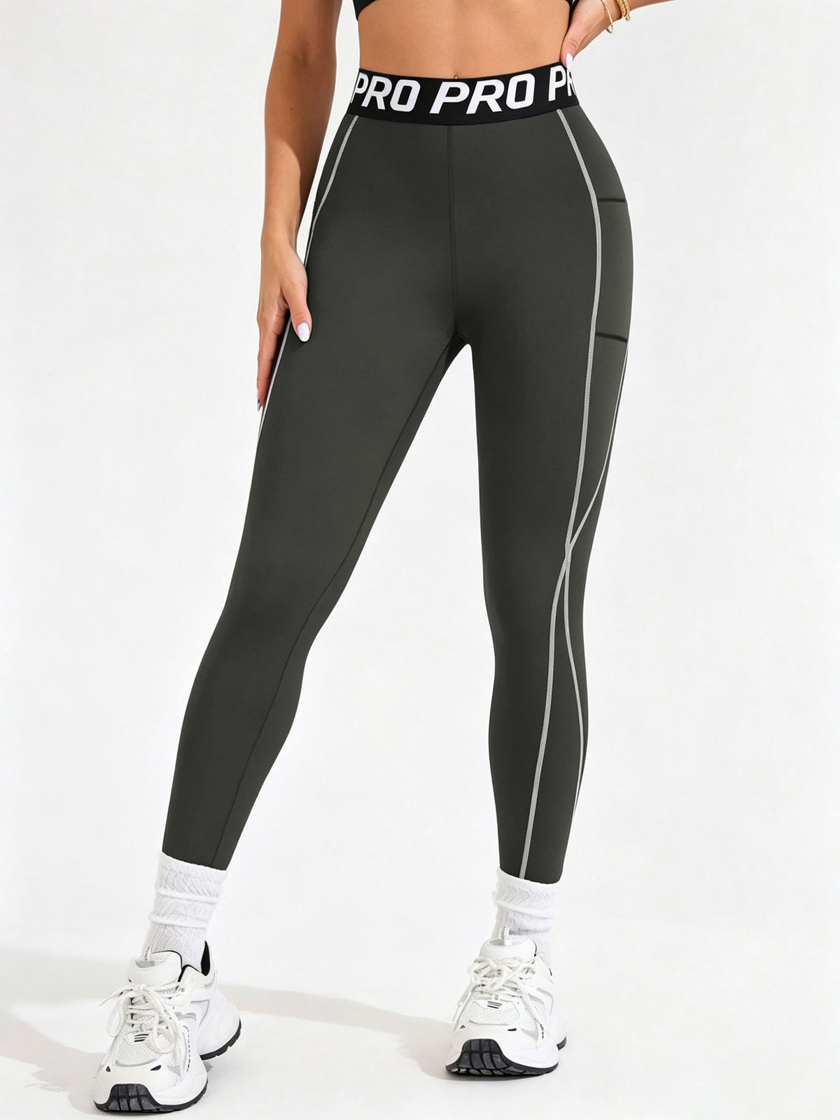 Letter Waistband Double Pocket Leggings - Grey