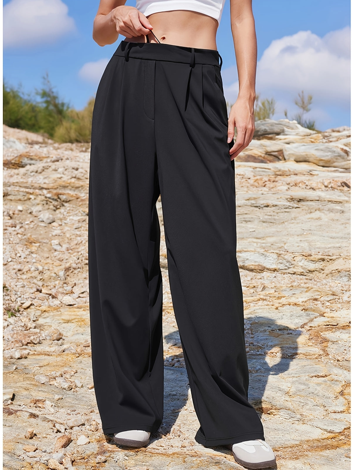 High Waist Straight Leg Work Trousers - Black