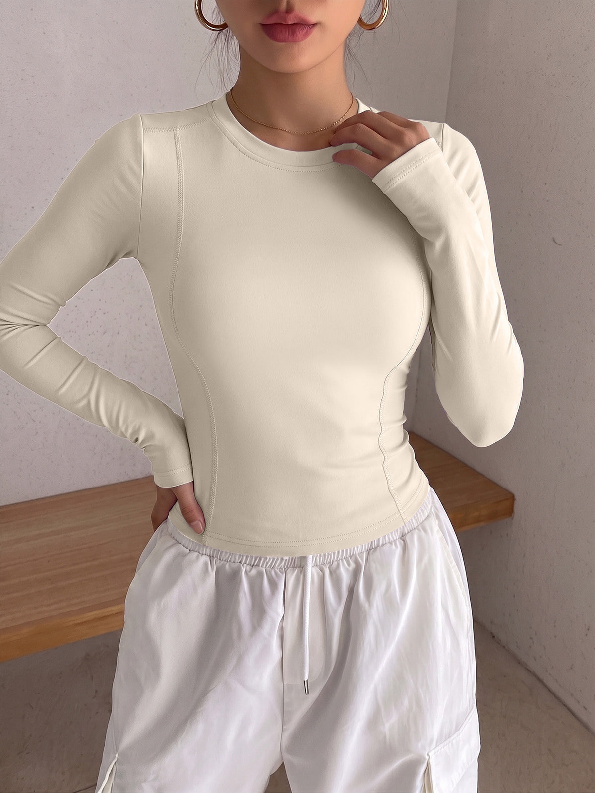 Round Neck Shaping Long Sleeve Top - Ivory White