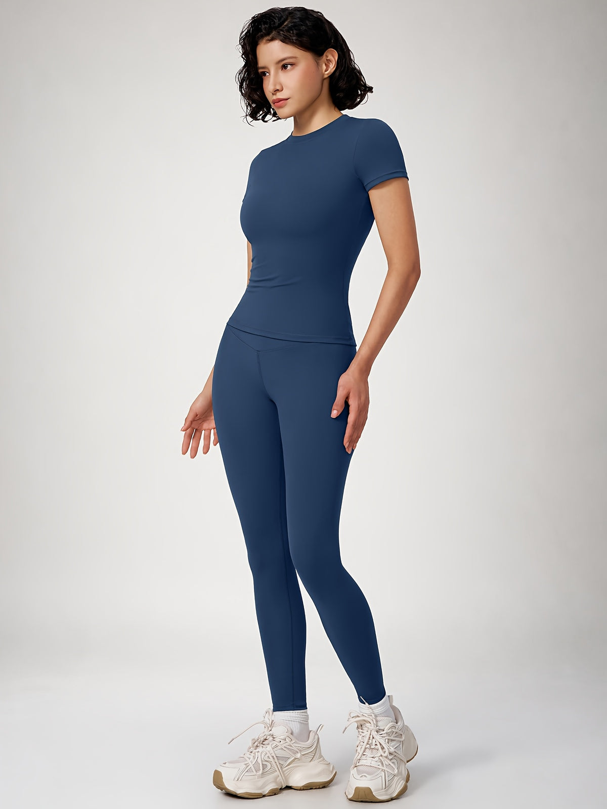 Crew Neck Crop Tee & Leggings Set - Navy