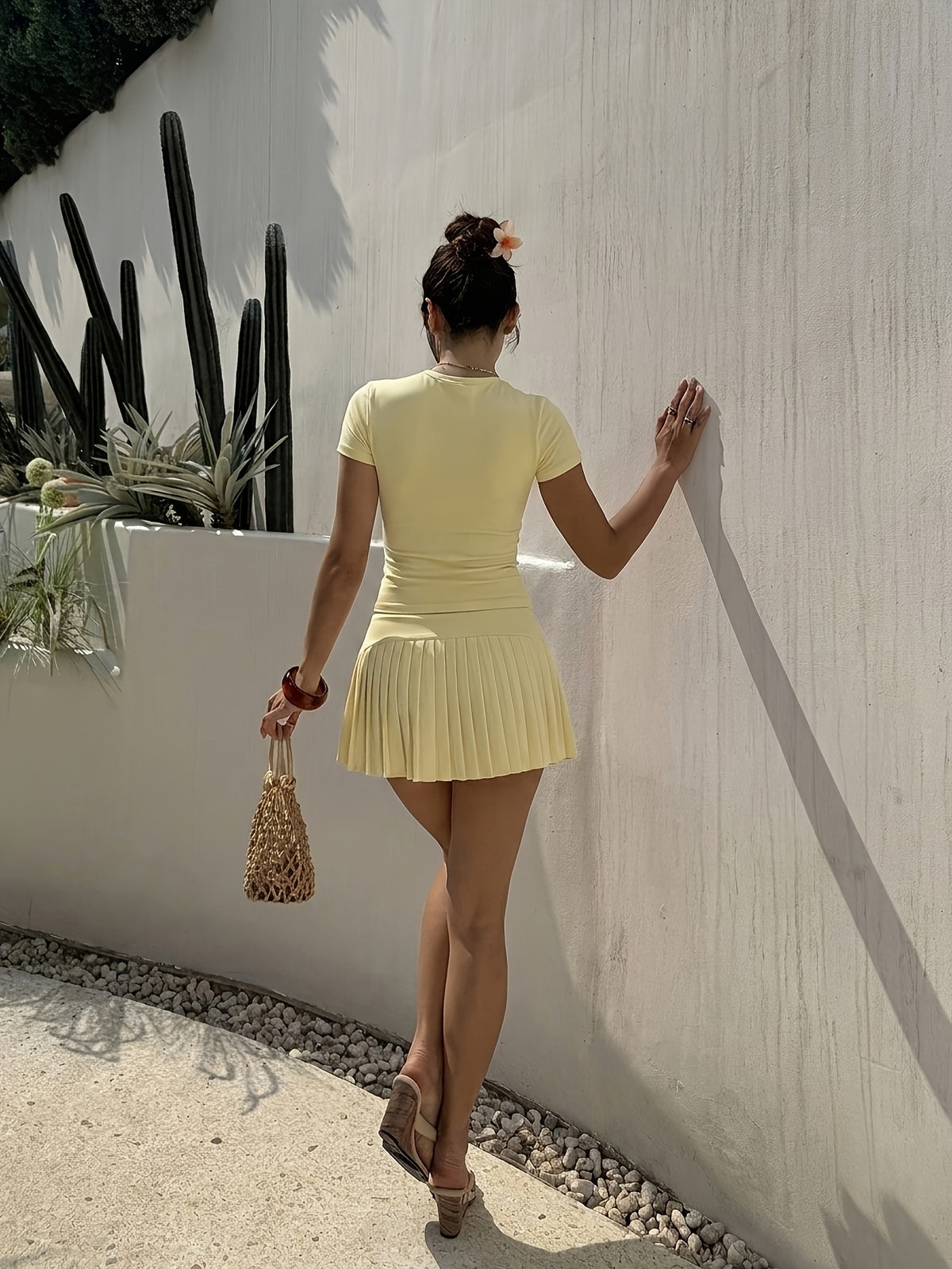 Tee & Pleated Tennis Skirt Set - Light Yellow