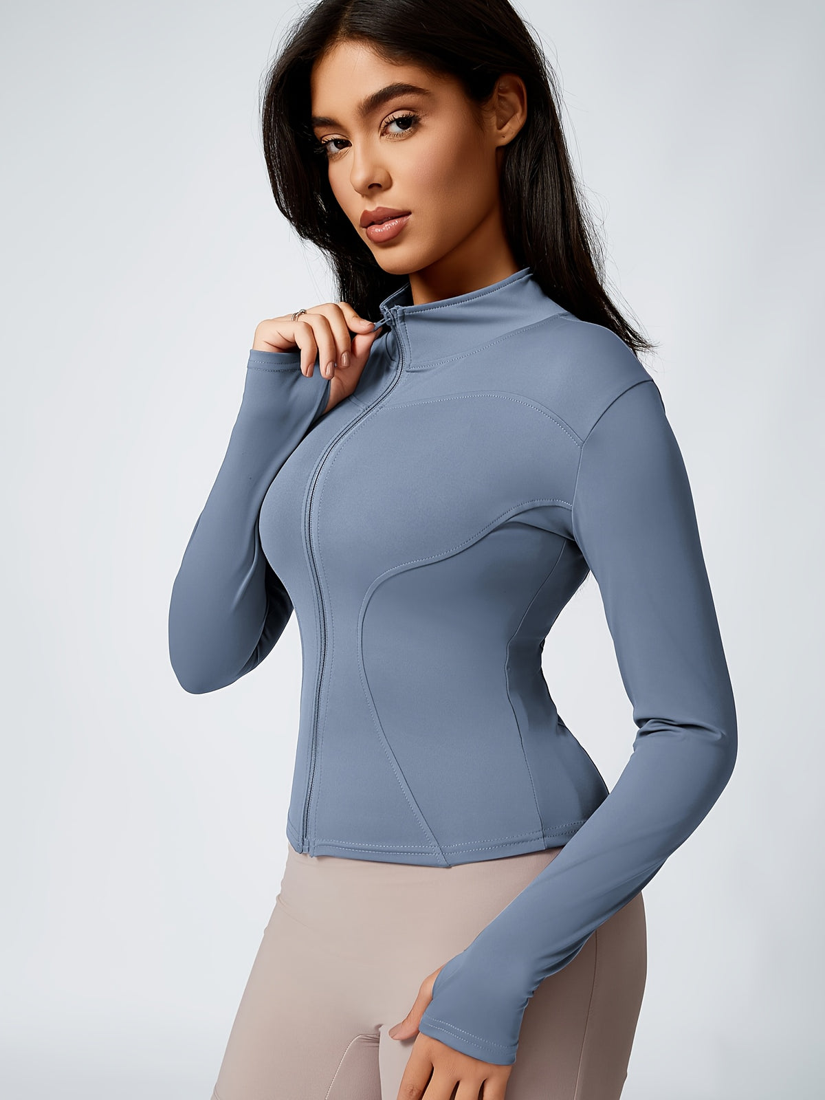 Stand Collar Thumbhole Zip Top - Sea Blue
