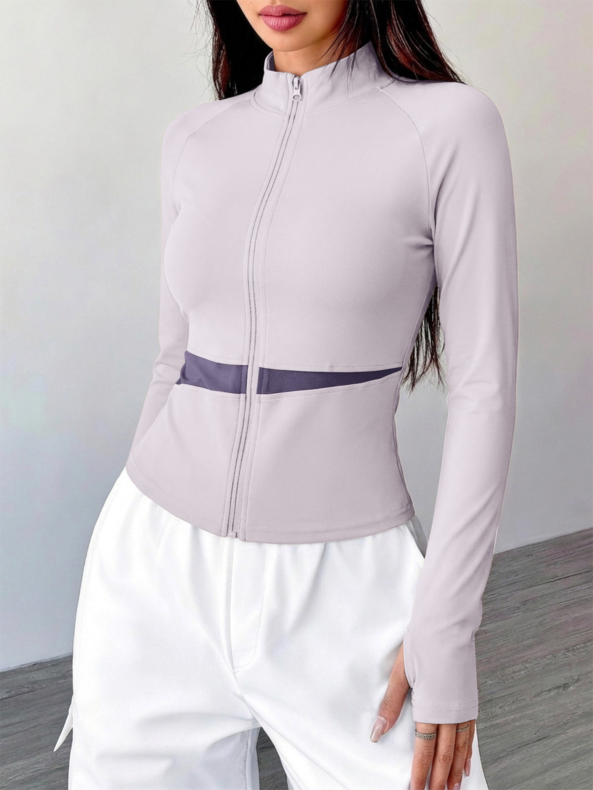 Spliced Full Zip Thumb Loop Top - Light Purple