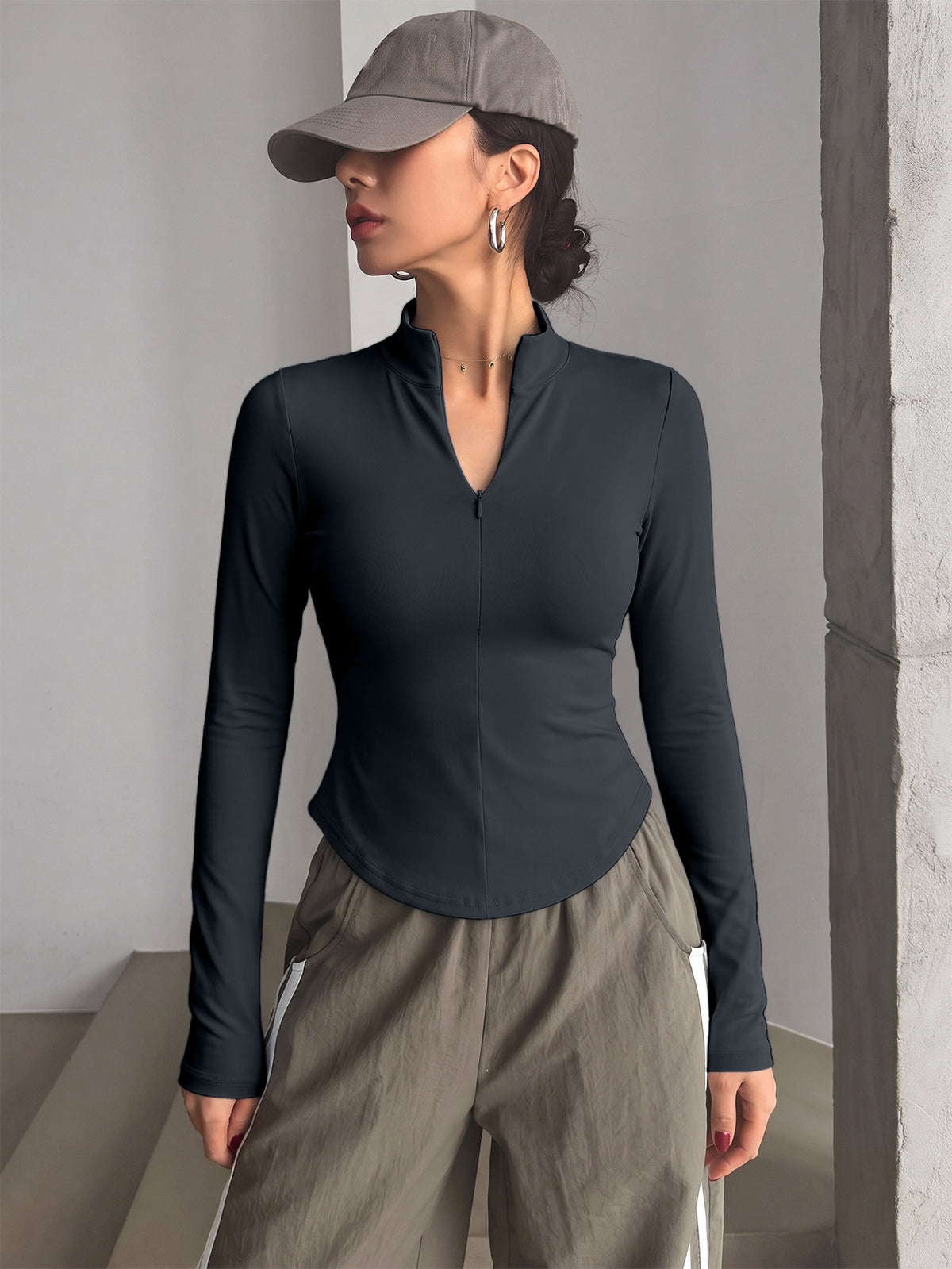 Half Zip Curved Hem Thumbhole Top - Dark Gray