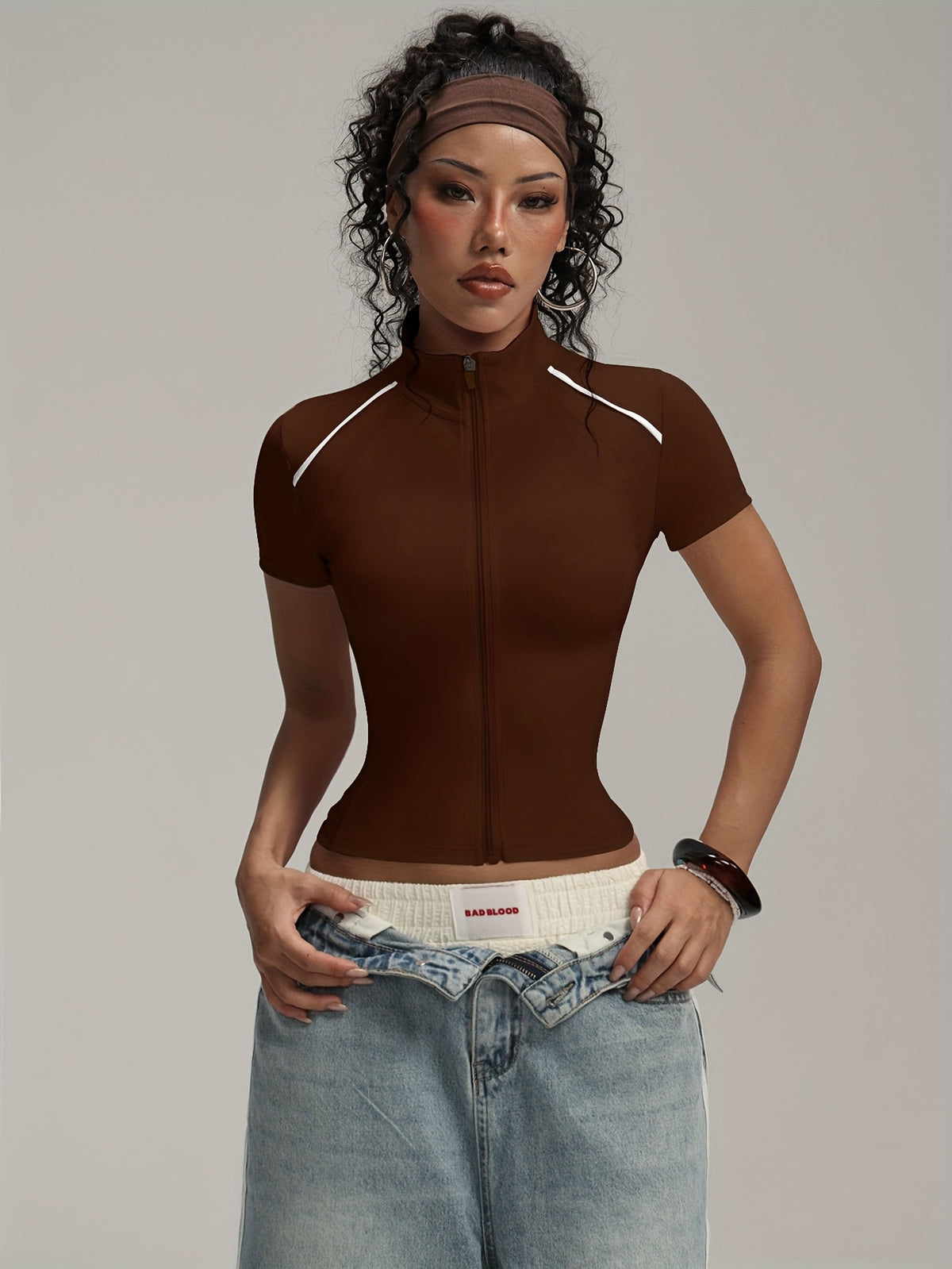 Short Sleeve Zip Top - Dark Brown