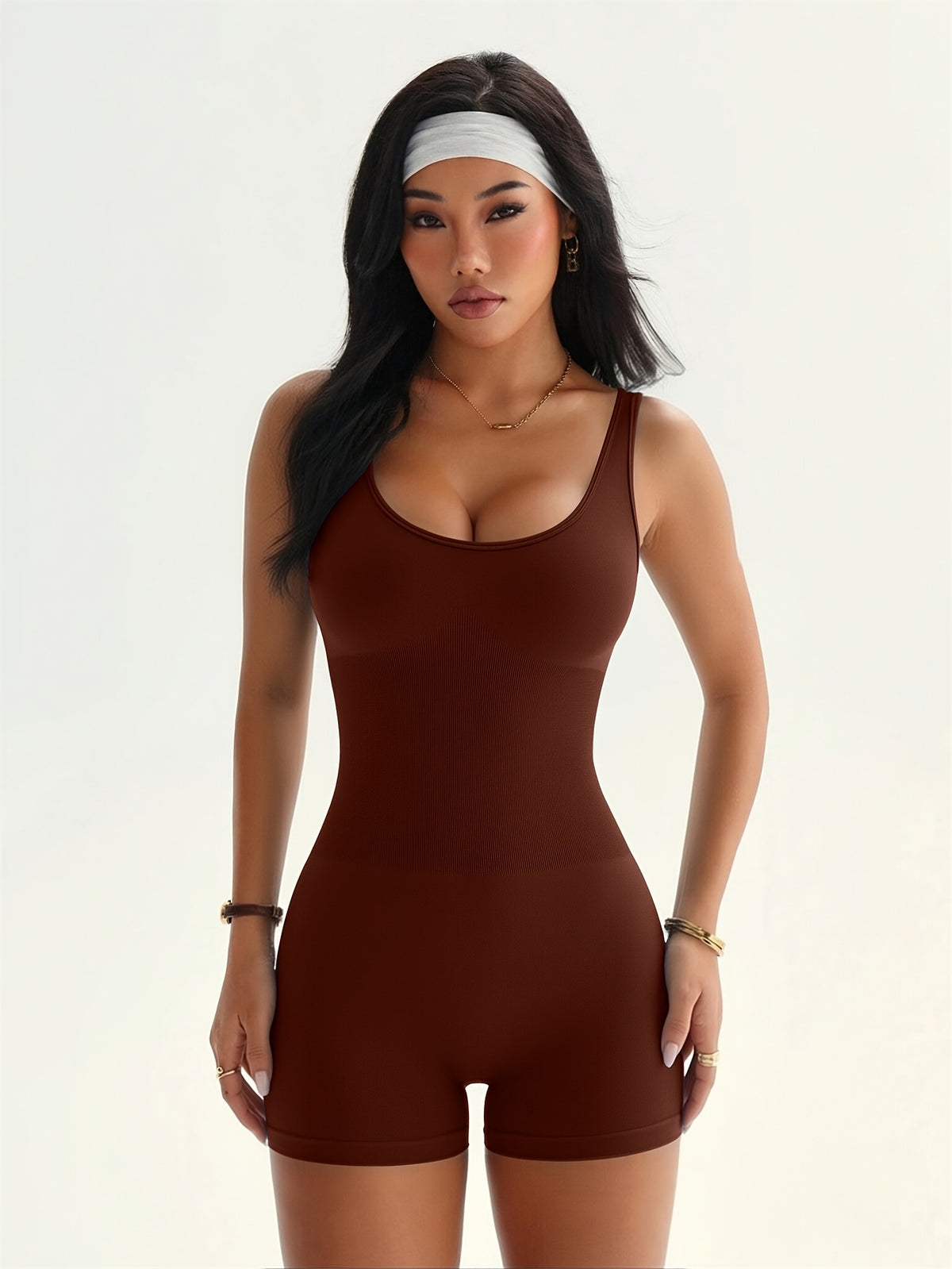 Cross Back Scoop Neck Romper - Dark Brown