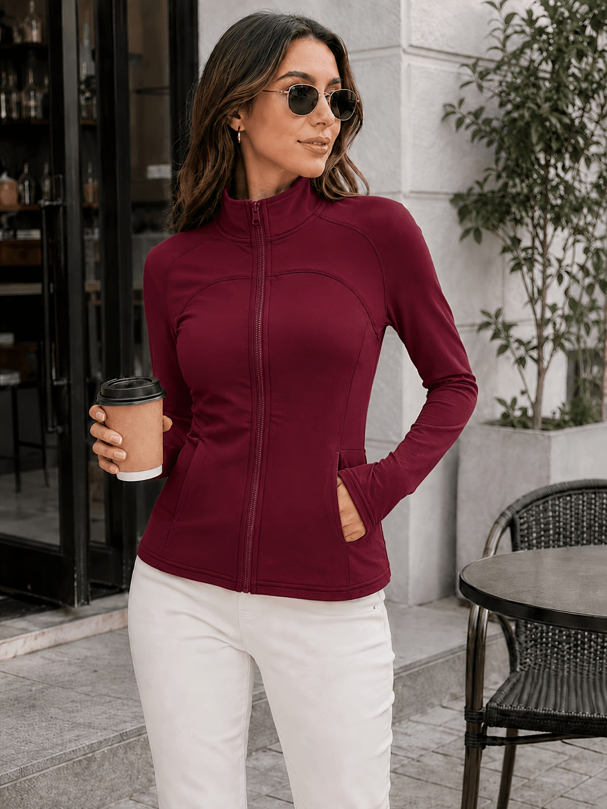 Stand Collar Double Sided Zip Jacket - Burgundy