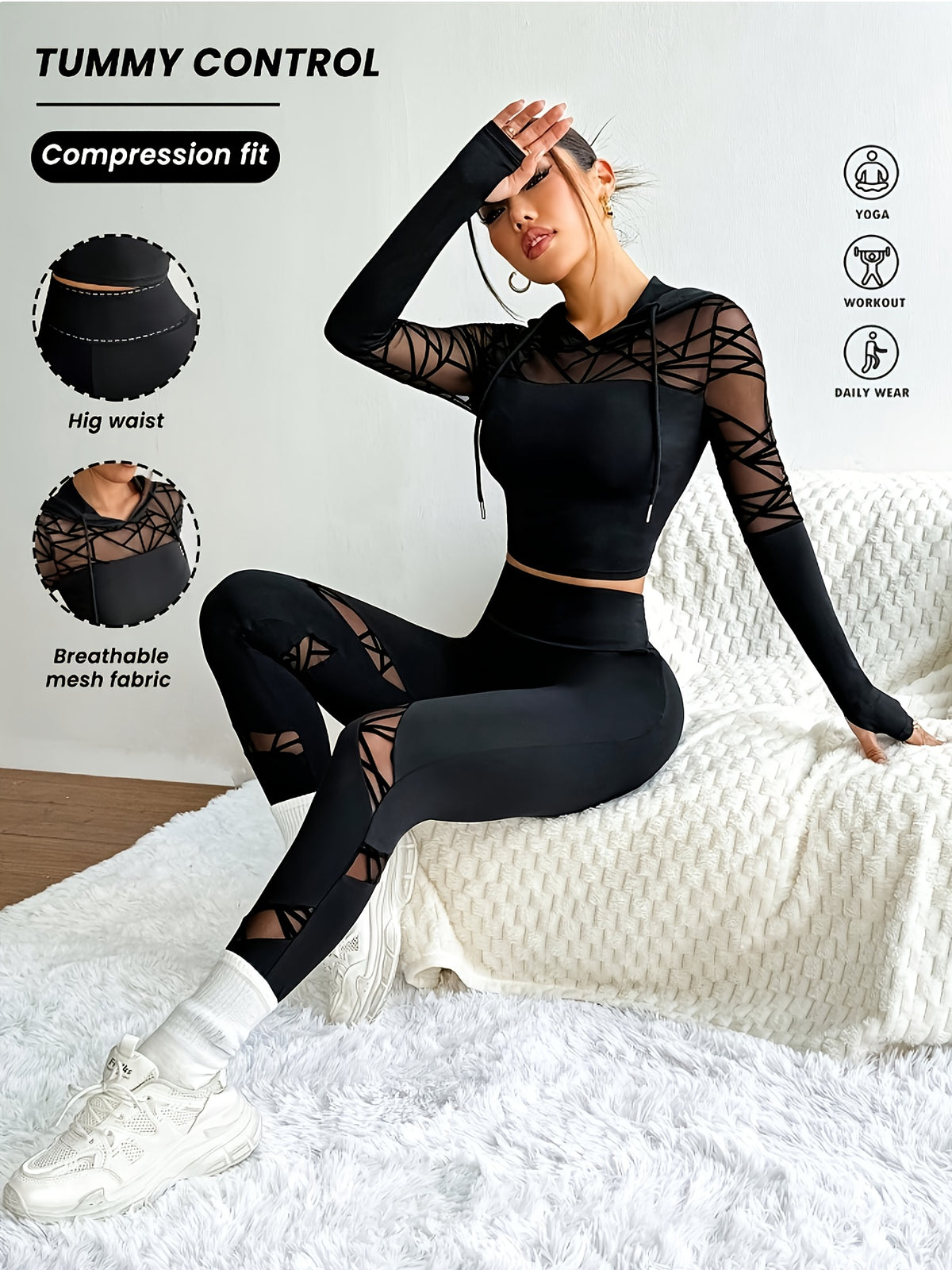 Mesh Panel Thumbhole Hoodie & Leggings Set - Black