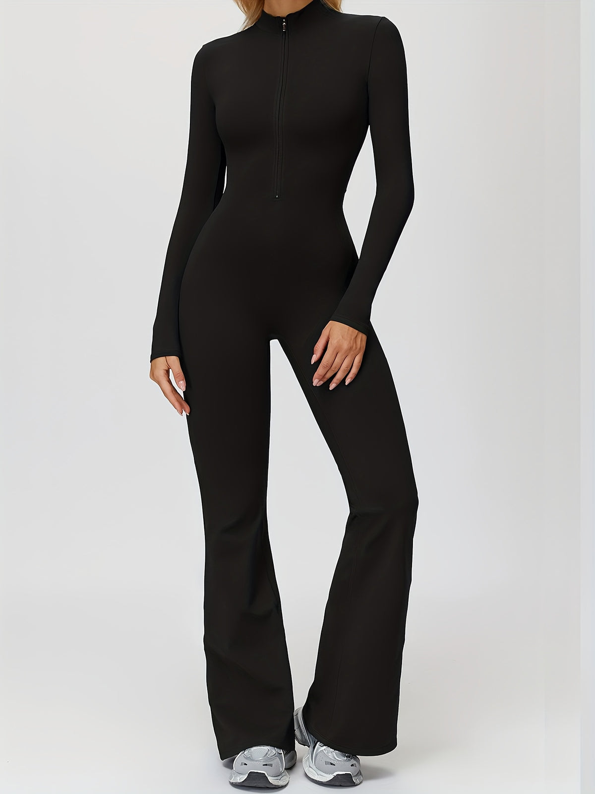 Long Sleeve Zip Flared Jumpsuit - Black