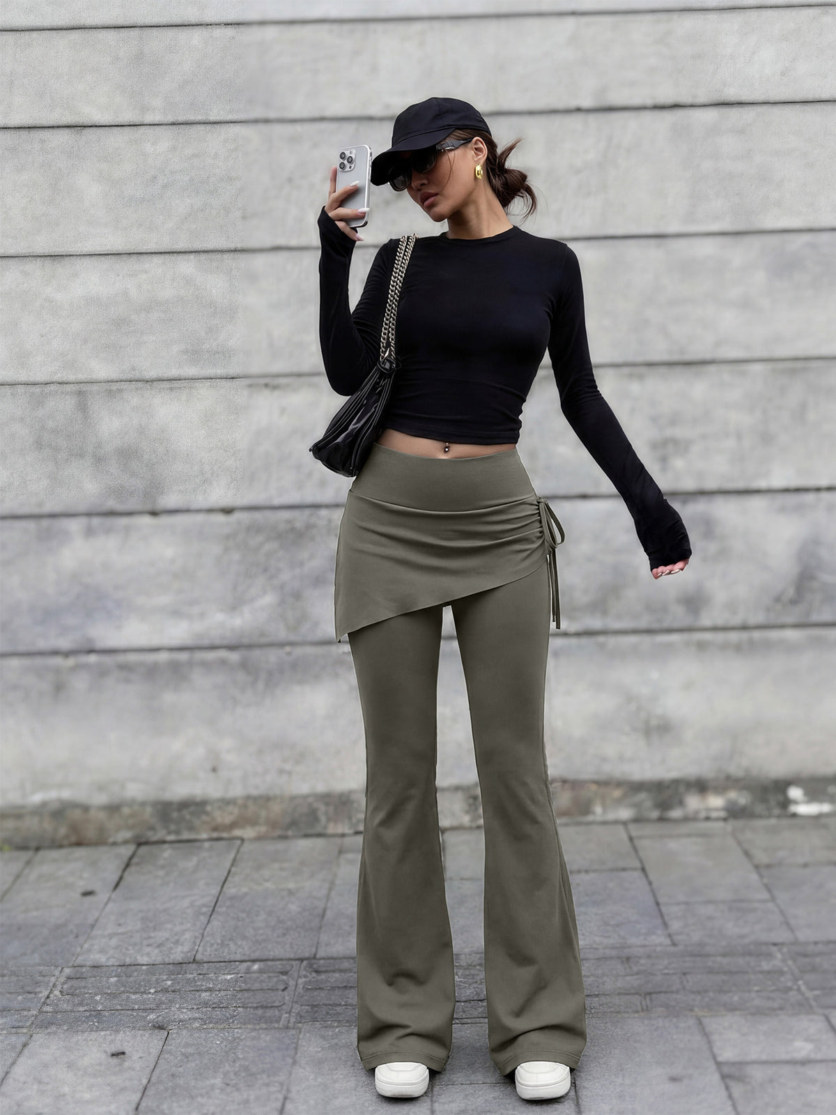 High Waist Drawstring Flare Skort - Grey