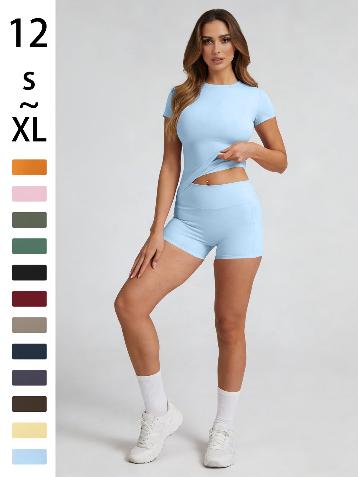 Tummy Control Top & Pocket Shorts Set - Sky Blue