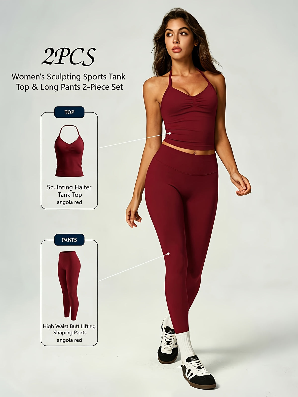 High Neck Pleated Backless Top & Leggings Set - Burgundy