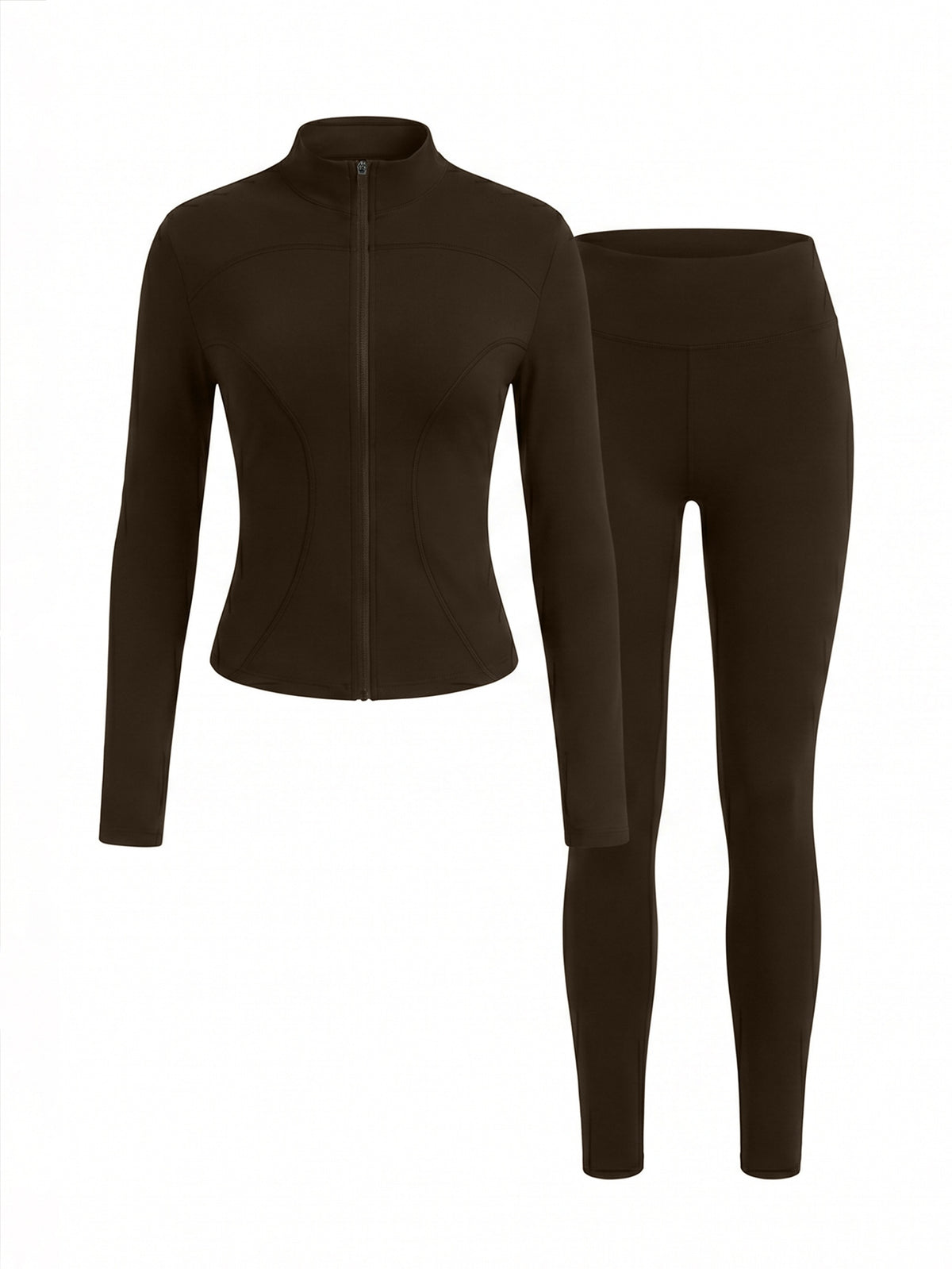 Mock Neck Track Jacket & Leggings Set - Coffee Brown