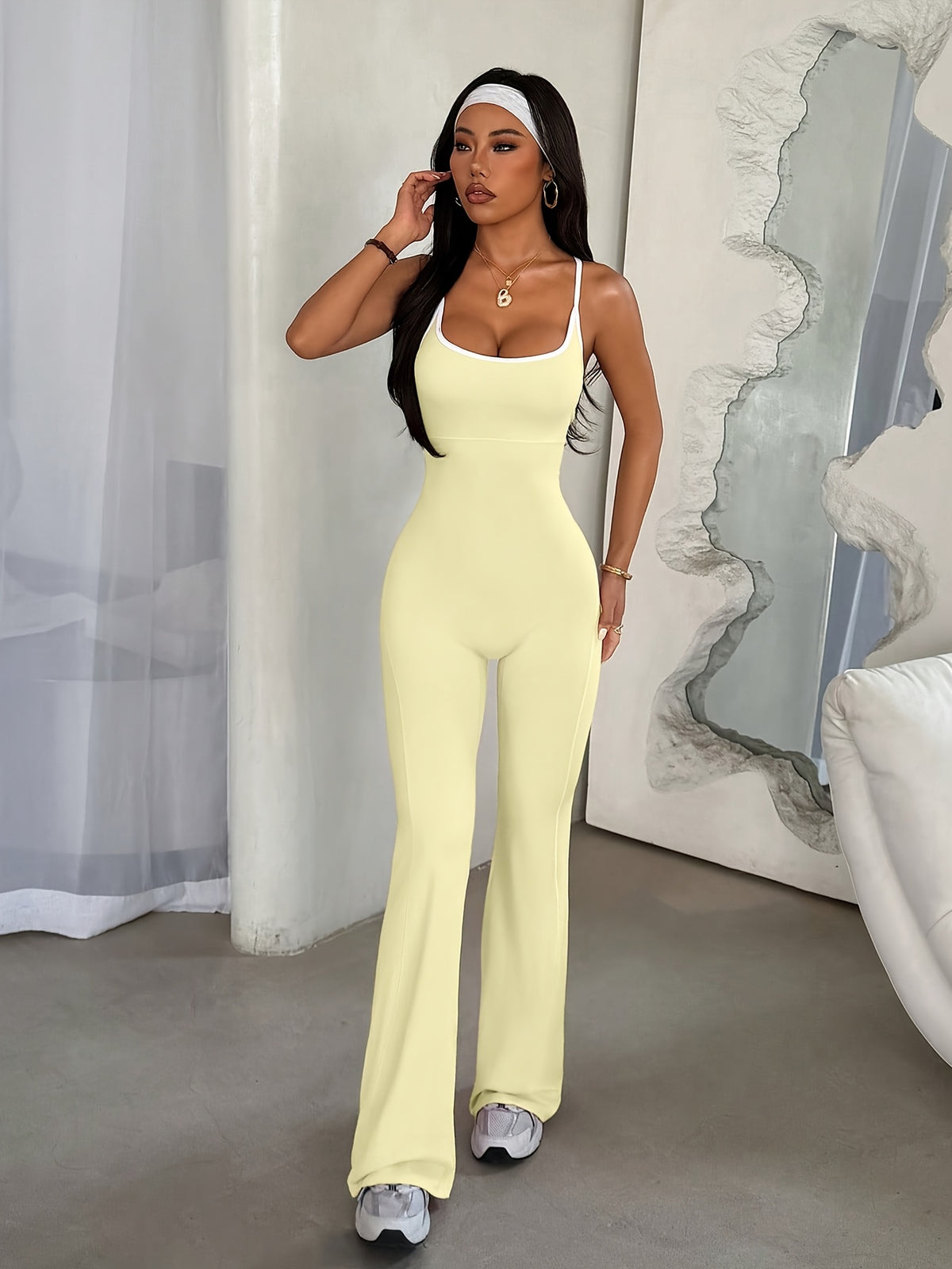 Cross Back Flare Jumpsuit - Light Yellow