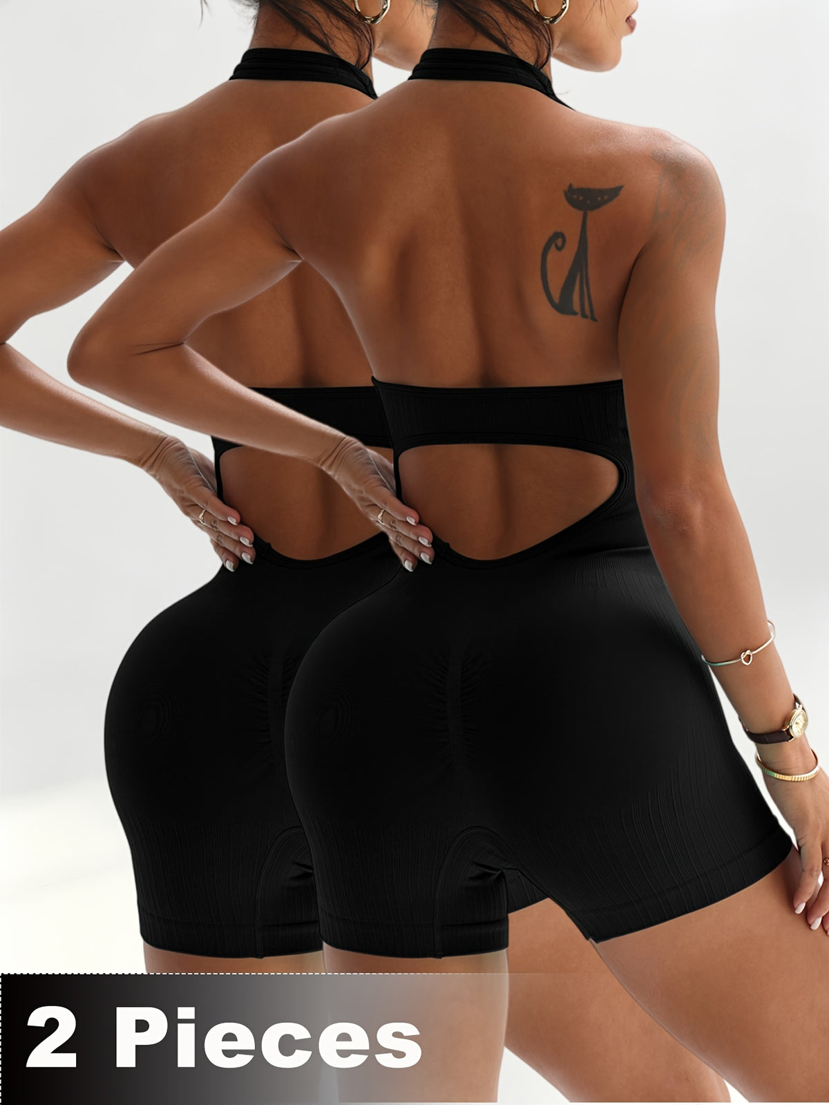 2 Pack Halter Cutout Back Romper - Black+Black