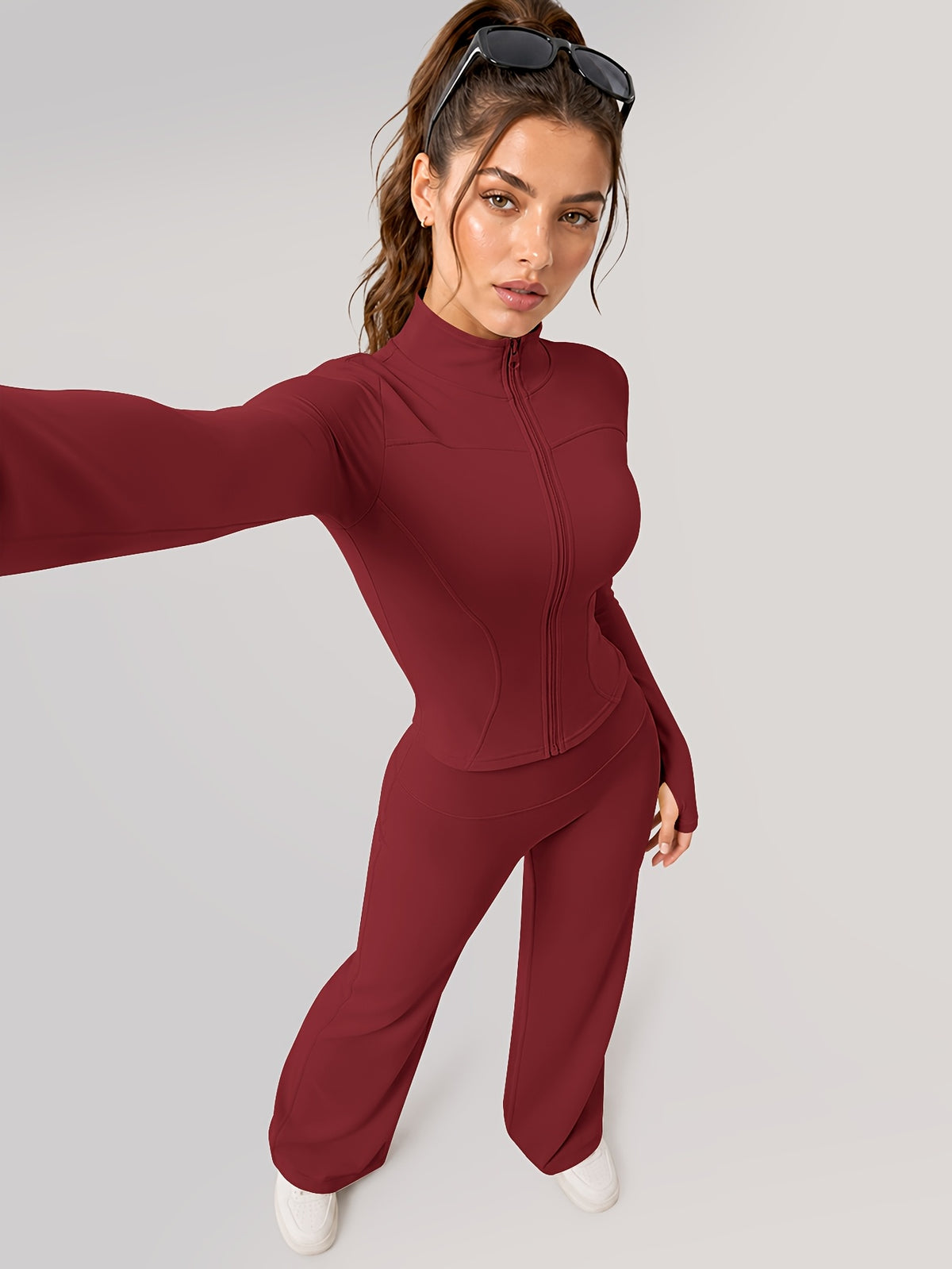 Zip Jacket & Wide Leg Pants Set - Burgundy