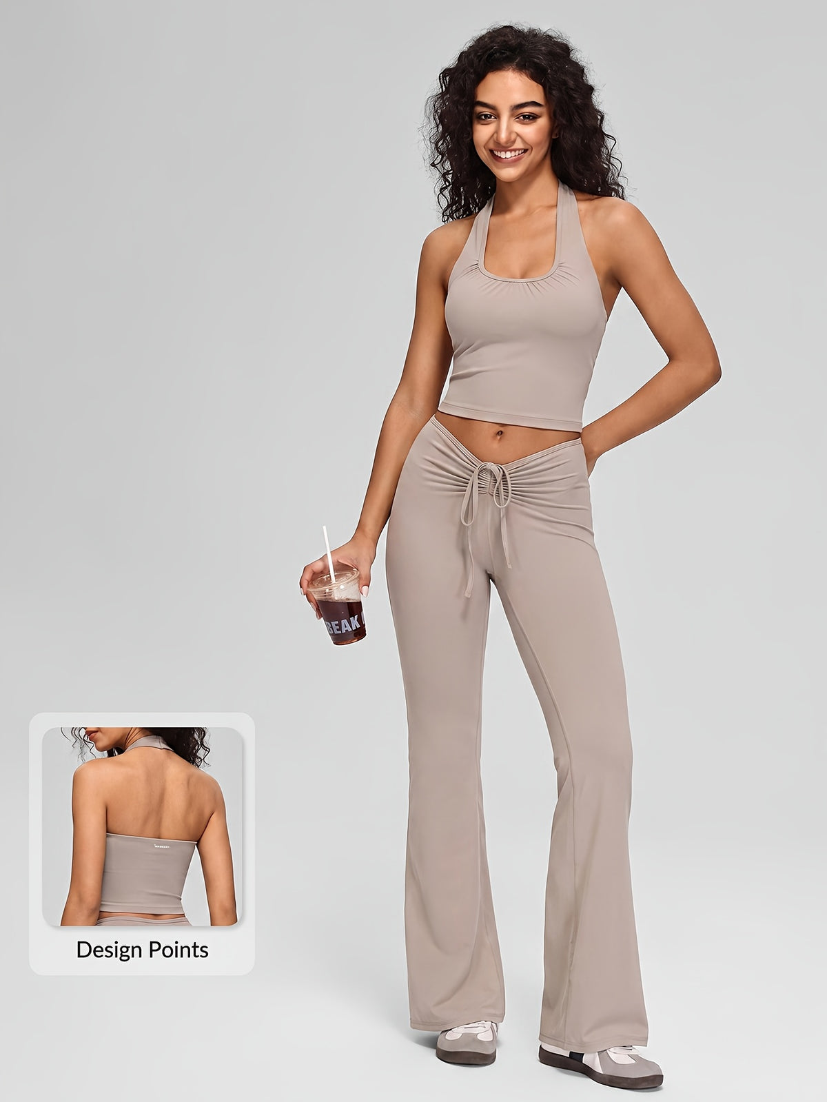 Halter Tank & Drawstring Flare Set - Khaki