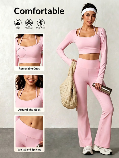 2-in-1 Strap Thumbhole Top & Pants Set - Hot Pink