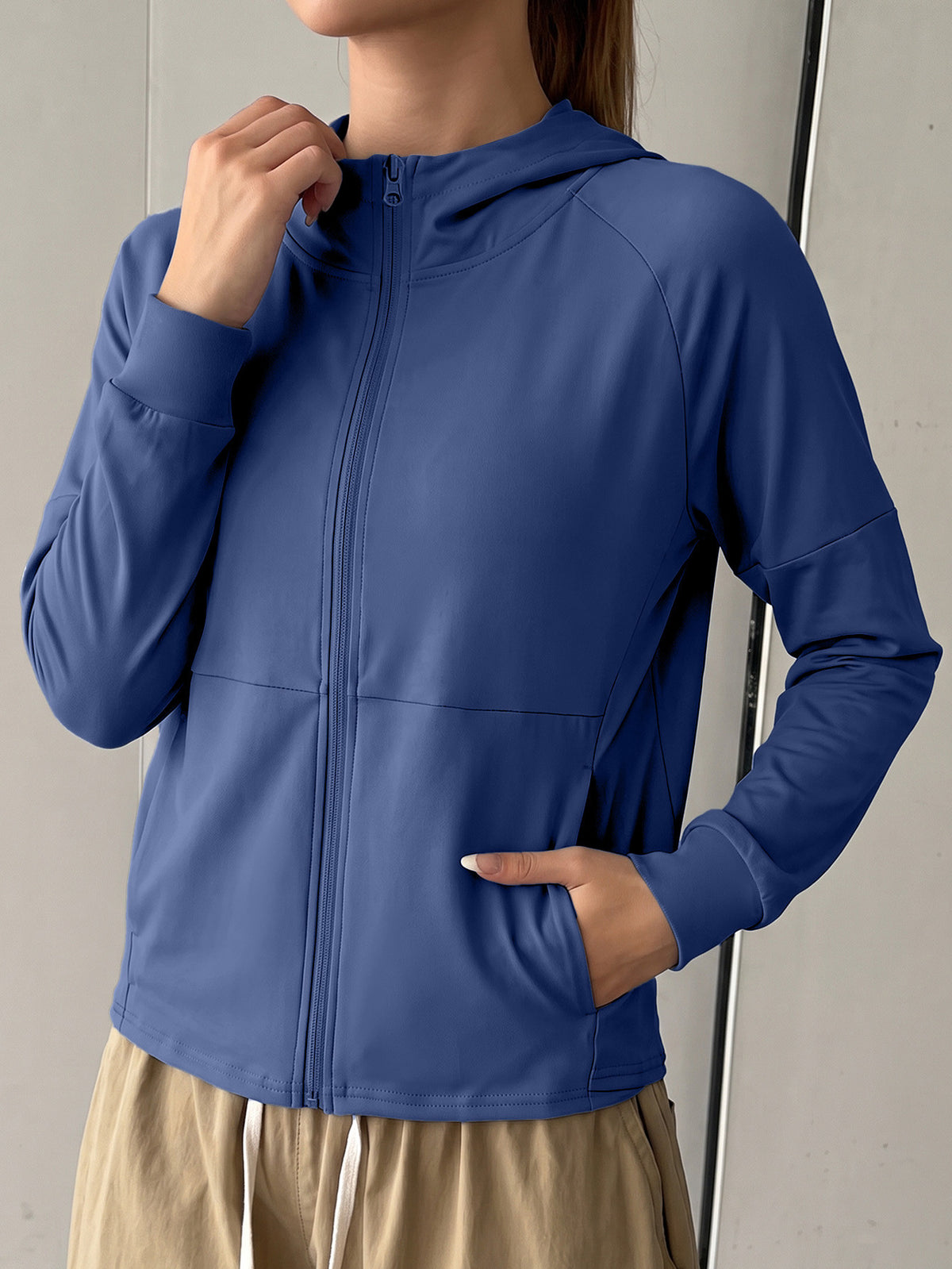 Longline Hooded Thumb Loop Jacket - Navy